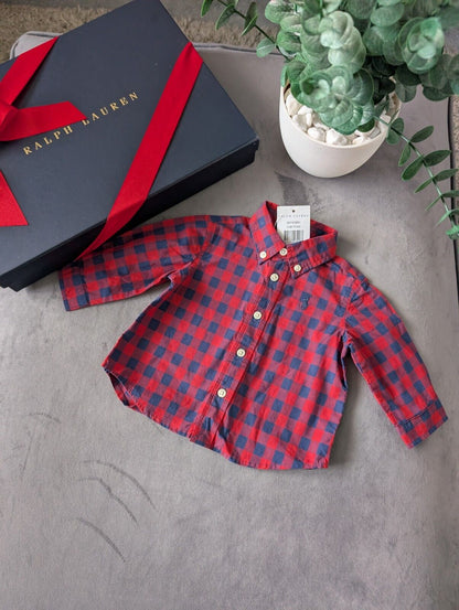 New Ralph Lauren Baby Boy Checked Shirt Smart Occasion Gift Age 3m Red L Sleeve