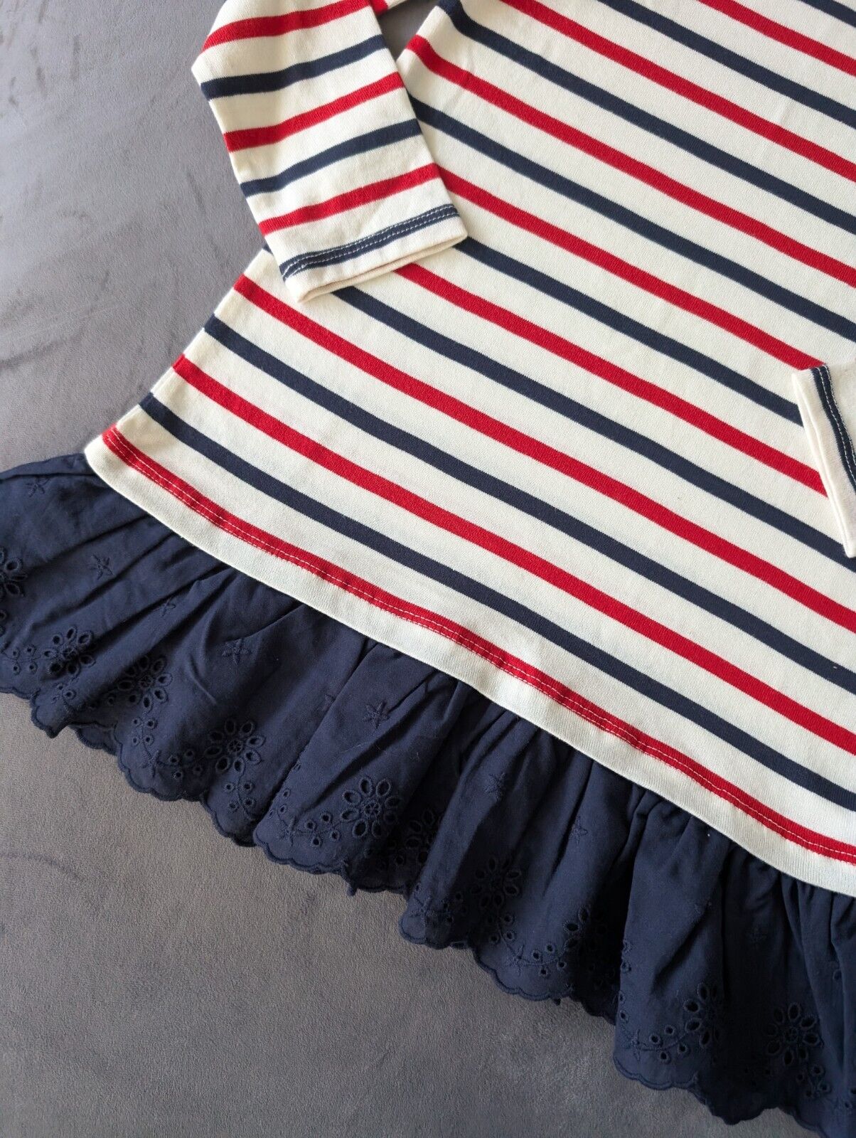 New Ralph Lauren Girls Stripe Navy Red Ivory Dress Embroidered Age 6 Thin Jumper