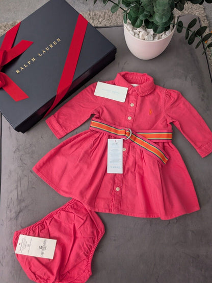 (Copy) Ralph Lauren Polo girls buttoned Oxford Shirt dress Pink Belt Yellow 0-3m Gift