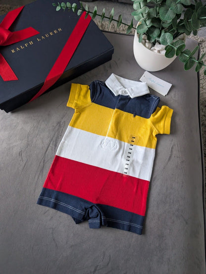 New Ralph Lauren Baby Boy Navy Yellow Stripe Romper 0-3m Gift Cute Baby Summer