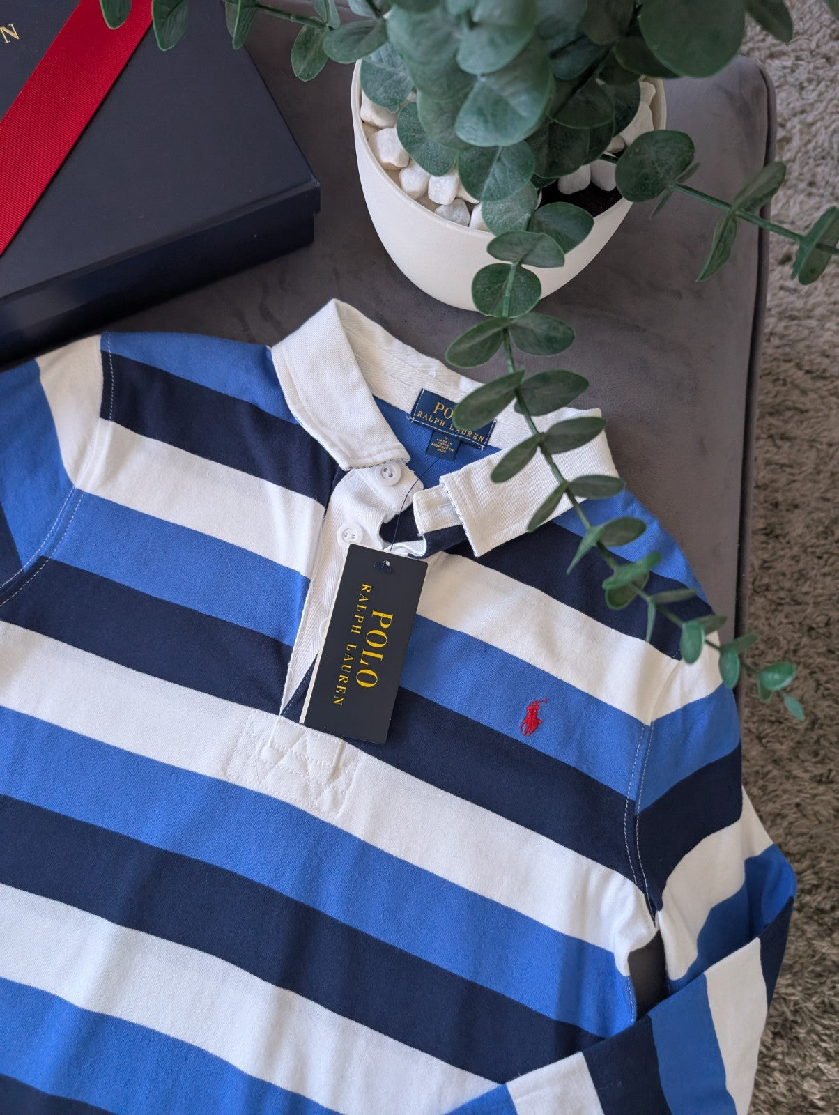 New Ralph Lauren Boys Rugby Style Stripe Long Sleeve Polo Blue White   7 y Boys