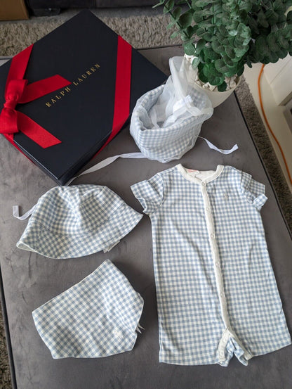 New Ralph Lauren Baby Boy Gift Set Basket Gingham Romper Hat + Bib 1-3m Newborn