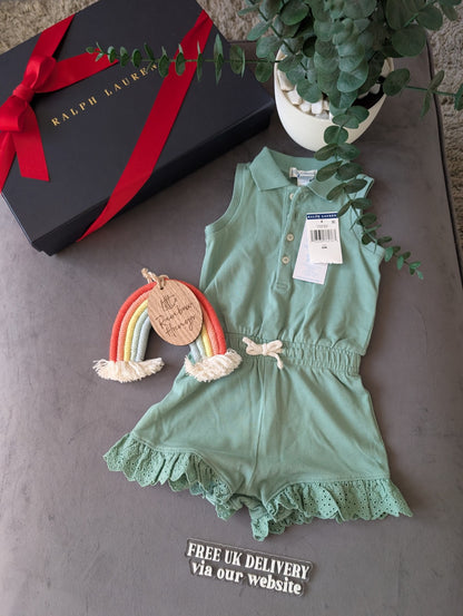 New Ralph Lauren Girls Green Frill Playsuit Gift Pretty 6-9m Summer Beach Gift