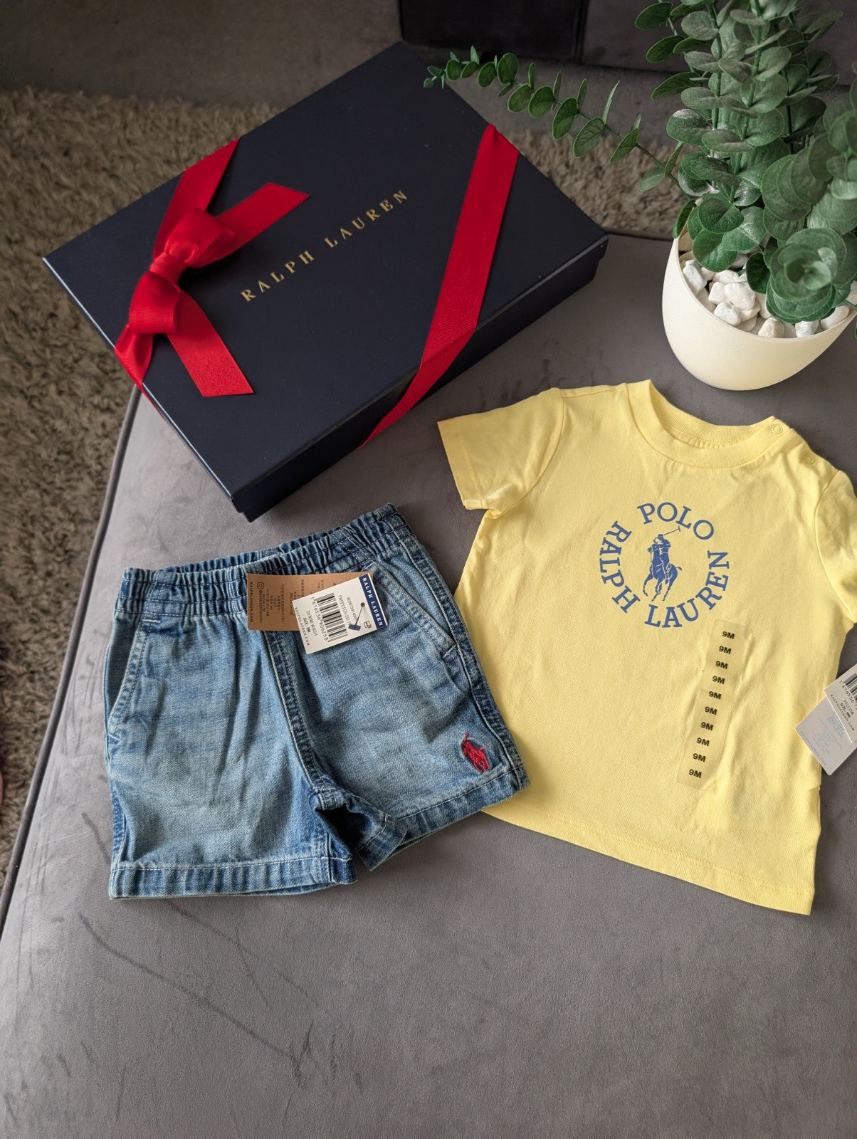 New polo Ralph Lauren baby t shirt Yellow + Denim Shorts 6-9m gift pony Logo