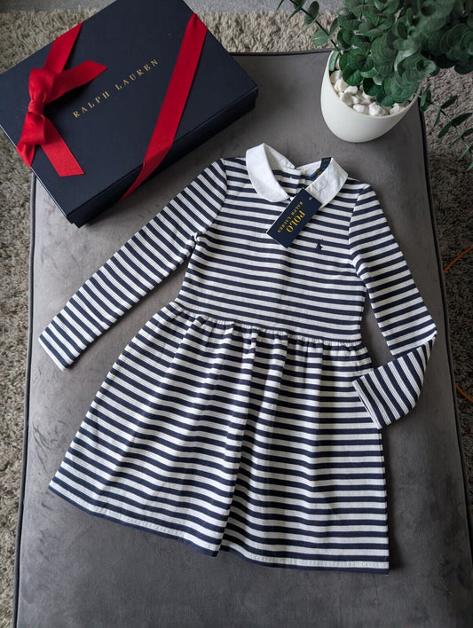 new polo Ralph Lauren French Navy/White Stripe dress Girls Age 5yr ribbed smart