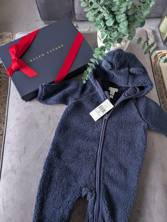 New Ralph Lauren baby boys faux shearling bear all in one snowsuit baby gift 3-6