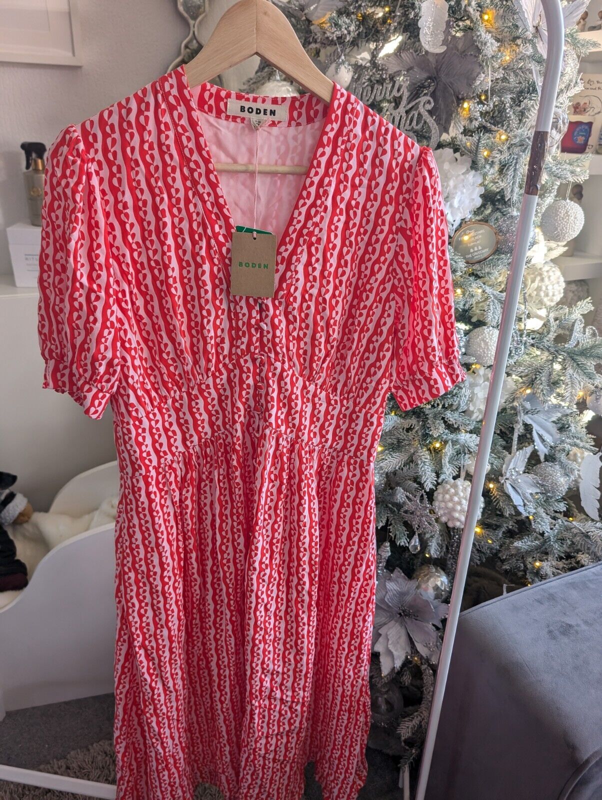 boden womens tea dress pink & Red elsa Midi Heart print button up size 12R occasion