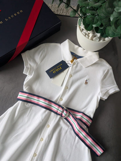 New Girls Polo Ralph Lauren White Polo Dress White Tennis Belted age 6-7yrs Gift