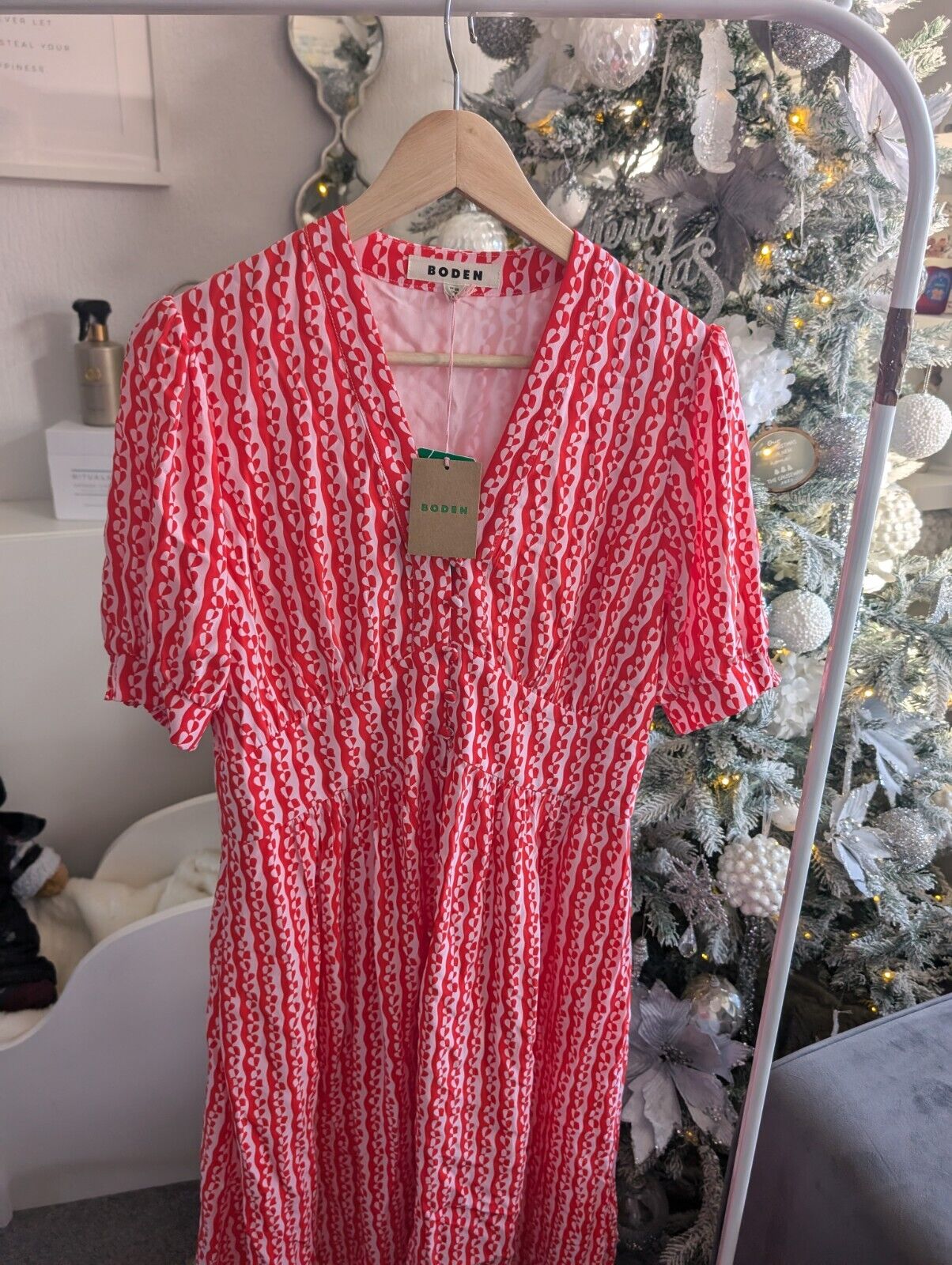 boden womens tea dress pink & Red elsa Midi Heart print button up size 12R occasion