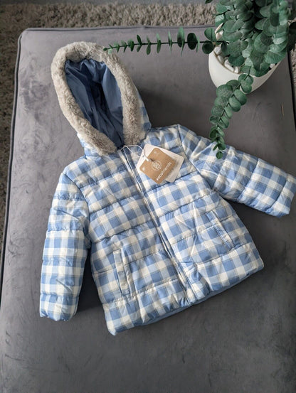 New Baby Mayoral Padded Winter Coat Age 6/9mth Blue Check Fur Trim Hood Gift