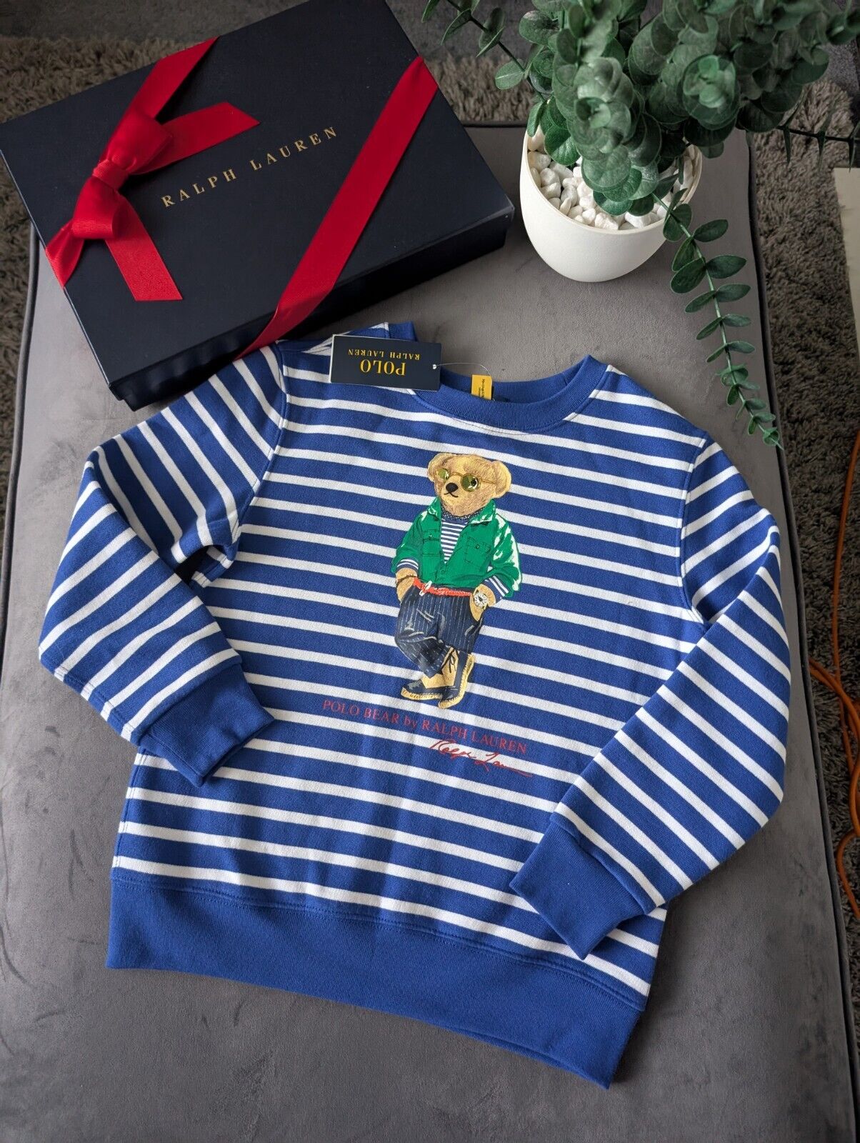 New Ralph Lauren Polo Bear Blue Stripe Sweatshirt Jumper Gift Casual Age 7yrs