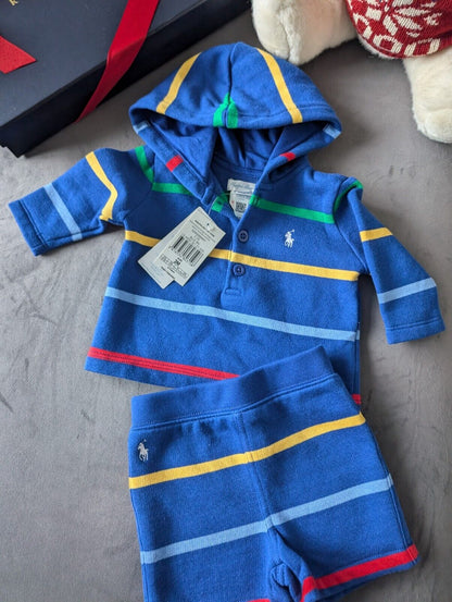 New Ralph Lauren Baby Boy Blue Short And Hoodie Set Gift Stripe Multi 0-3m Cute