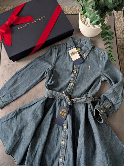 New Ralph Lauren girls denim style shirt dress belted occasion 5 Yrs Winter