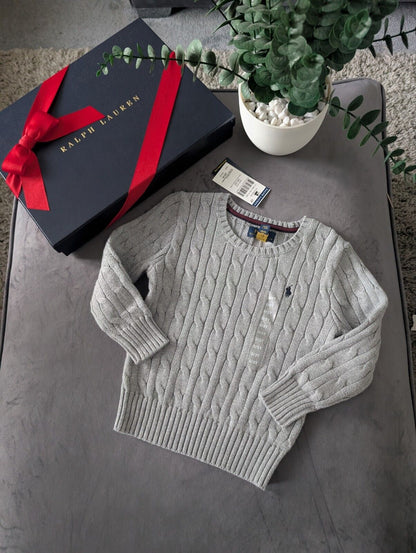 New Boys Ralph Lauren Grey Cable knit long sleeve jumper Cashmere Blend 5yr Gift