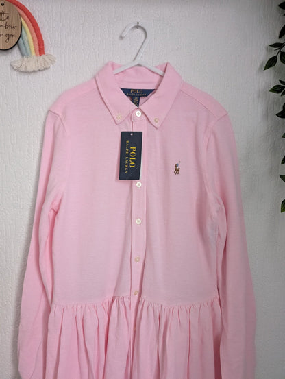 New Ralph Lauren Pink Embroided Logo Smart Formal Cotton Oxford Shirtdress 12yrs