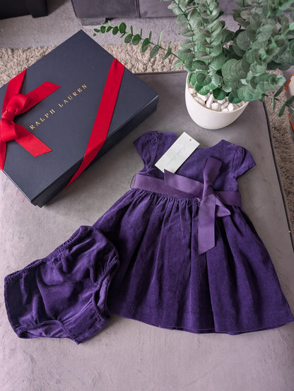 New Ralph Lauren Baby Girls Corduroy Purple Dress Belted + Bloomer Gift Cute 3-6