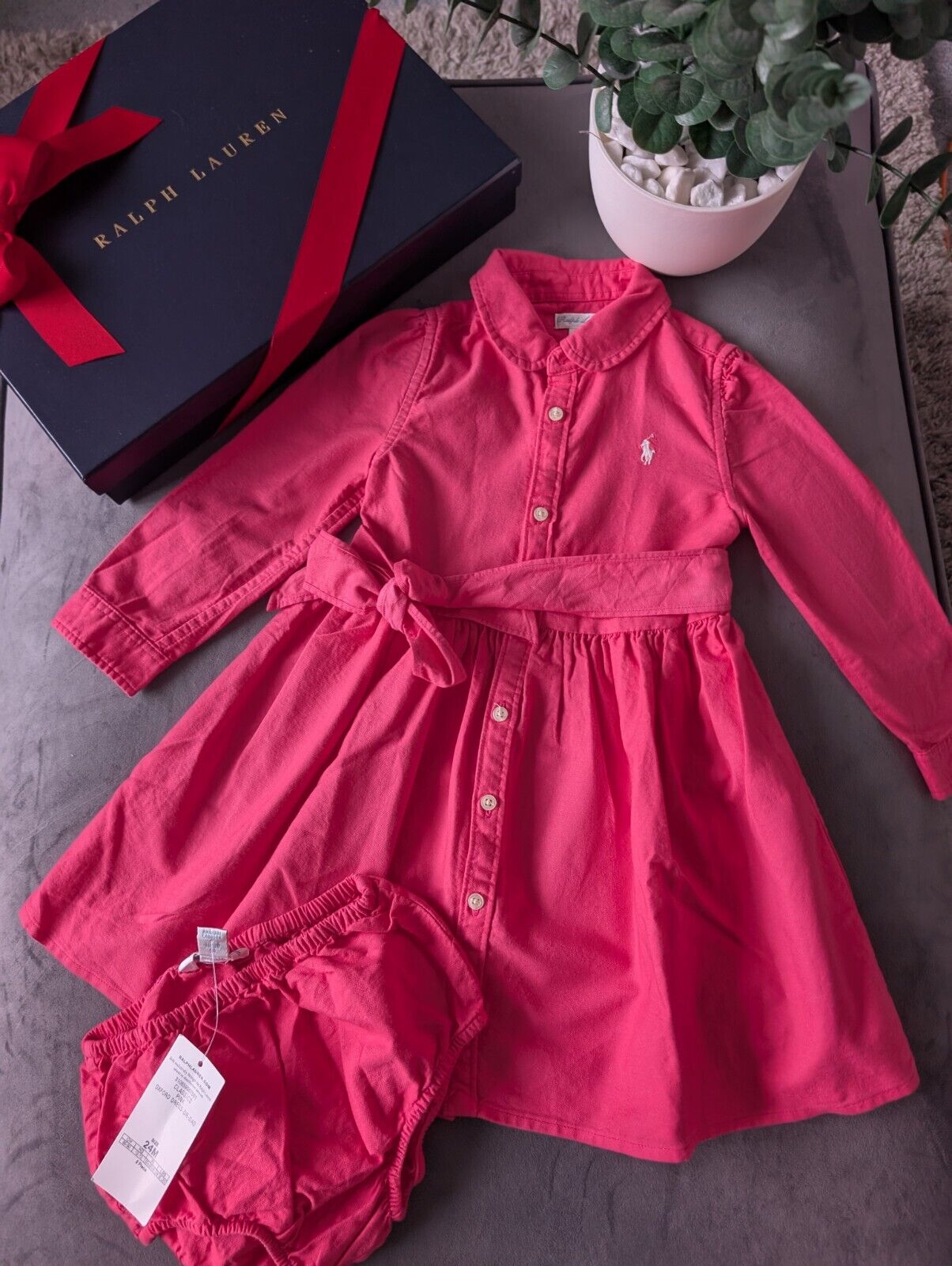 Bnwot Ralph Lauren Polo girls buttoned Oxford Shirt dress Pink Belt 18m Gift