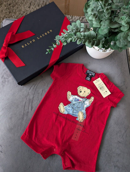 New Vintage Ralph Lauren Polo Jeans Bear Romper Baby Boy Red Cute Gift 3-6m