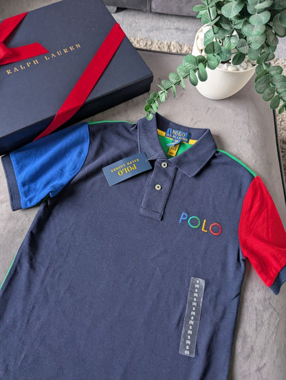 New Ralph Lauren Boys Colour Block Short Sleeve Polo Red Blue Navy 7yrs Boys