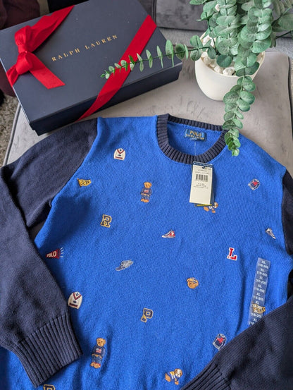 New Polo Ralph Lauren Jumper Boys 16y Blue Bear  Dog Cricket Embroidered Gift