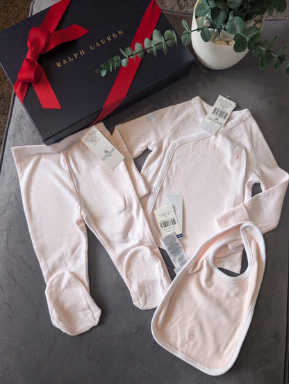 New Ralph Lauren Baby Girl 3 Piece Set Pants Top + Bib Pink Stripe Gift 6-9m