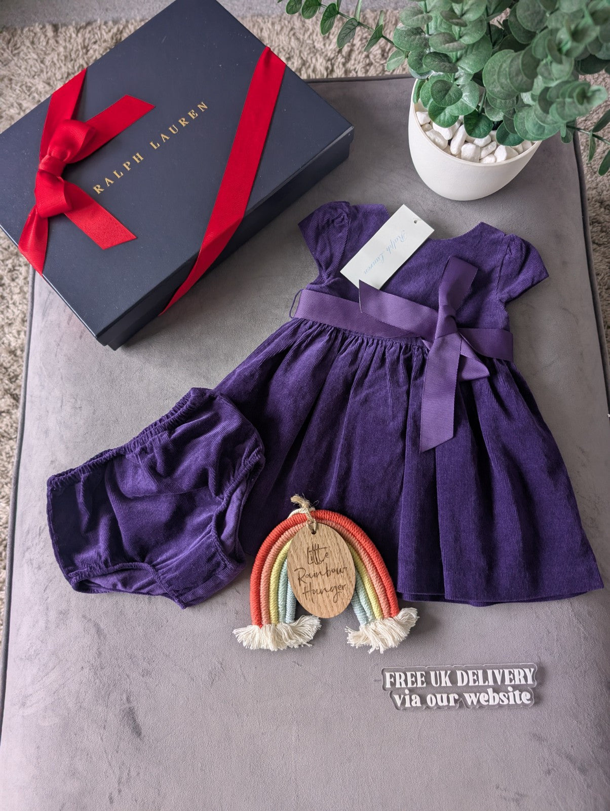 New Ralph Lauren Baby Girls Corduroy Purple Dress Belted + Bloomer Gift Cute 3-6