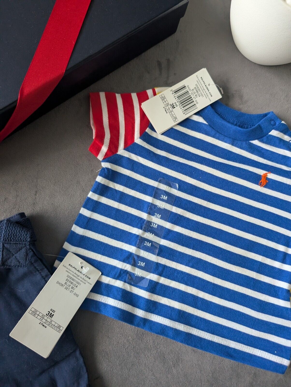 New adorable Ralph Lauren boys Stripe t  shirt + navy blue short set 0-3m gift