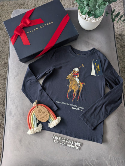 New Ralph Lauren Girls Horse Long Seeve T Shirt 6-7yr Smart Navy Cute Gift