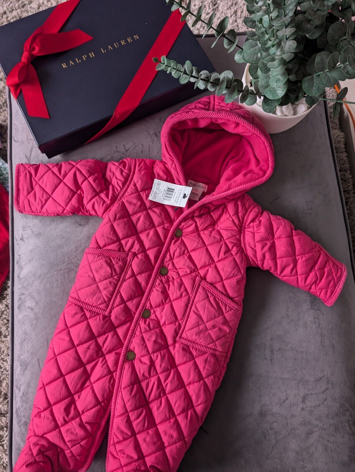 New ralph lauren Pink Quilted fleece lined pram suit snowsuit 0-3 Gift Girls