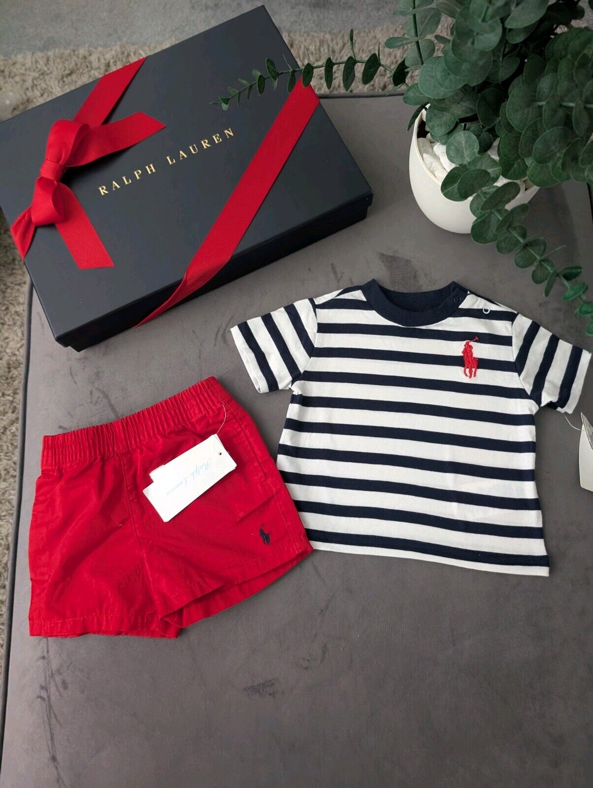 New adorable Ralph Lauren boys Stripe t Shirt + Red short set 3m gift Pony Logo