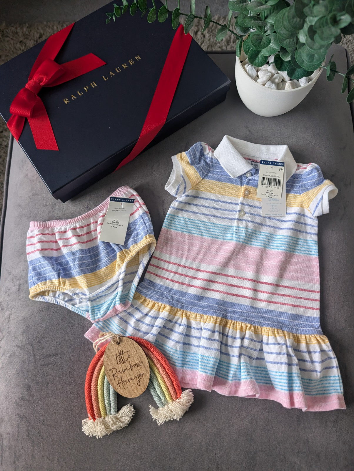 New Ralph Lauren baby girls pink white stripe frill Multi Dress gift 3-6m pretty