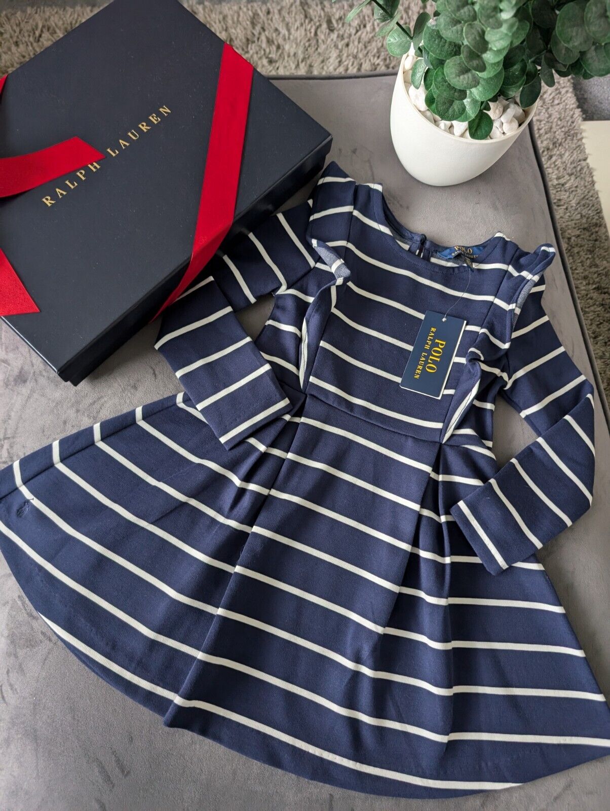 New Polo Ralph Lauren Girls Navy Striped Ruffled Ponte Dress Ruffle 4 Yrs