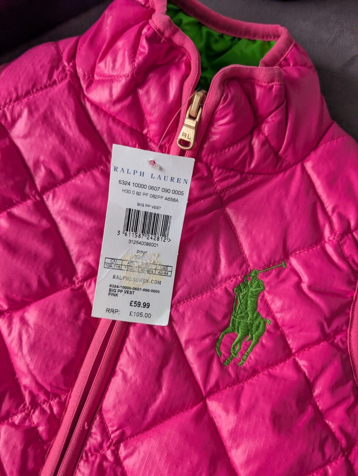 New Ralph Lauren Girls Bright Pink Green Quilted Gilet Bodywarmer Age 5 Gift