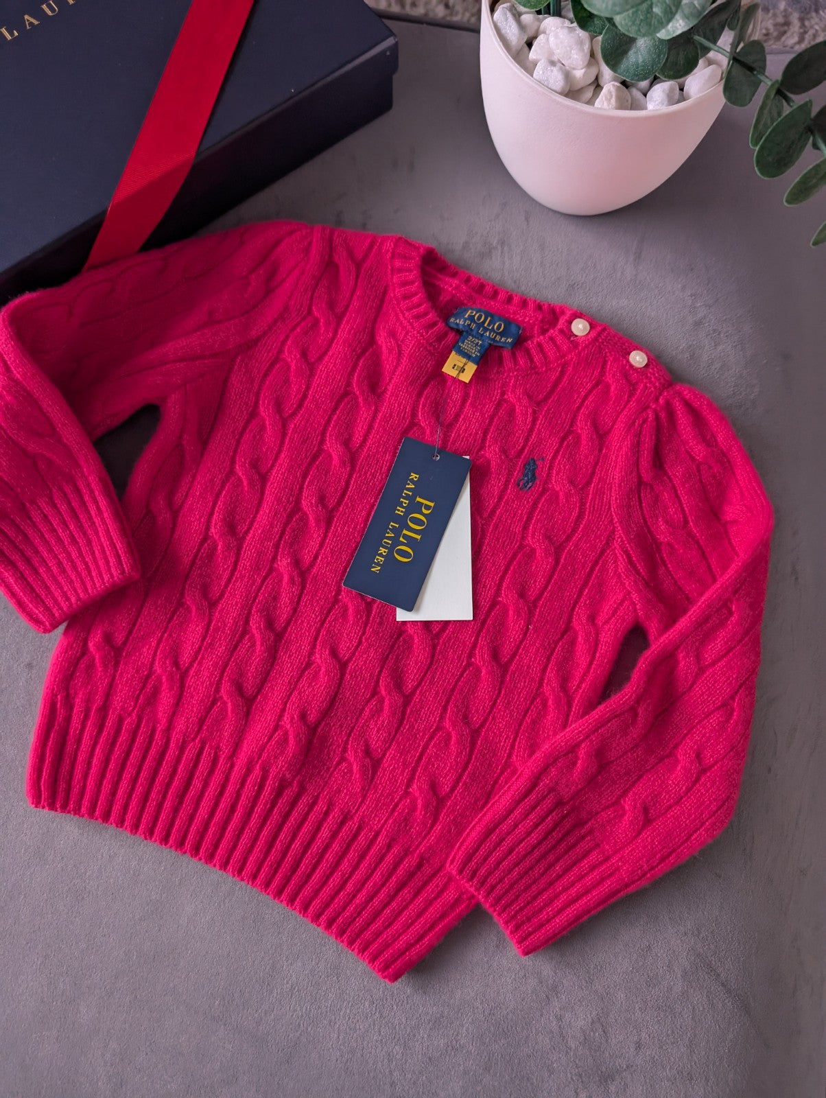 New Polo by Ralph Lauren Cable Knit Jumper Pink Girls 2 Yrs Cashmere Blend Gift