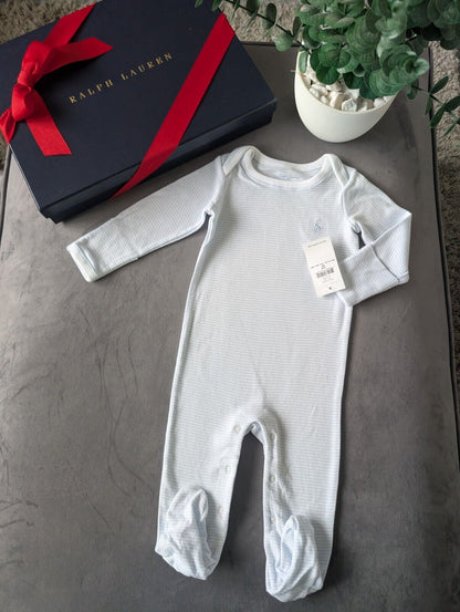 New Ralph Lauren Baby Boys Blue Stripe All In One Babygrow Gift 3-6m Newborn