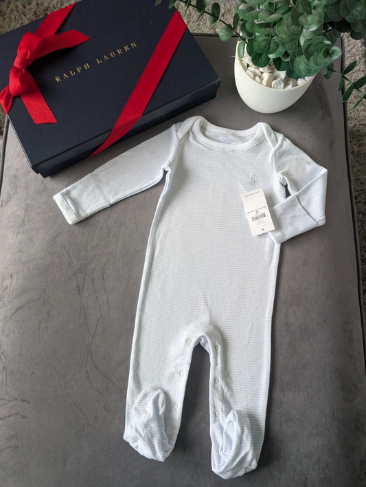 New Ralph Lauren Baby Boys Blue Stripe All In One Babygrow Gift 3-6m Newborn