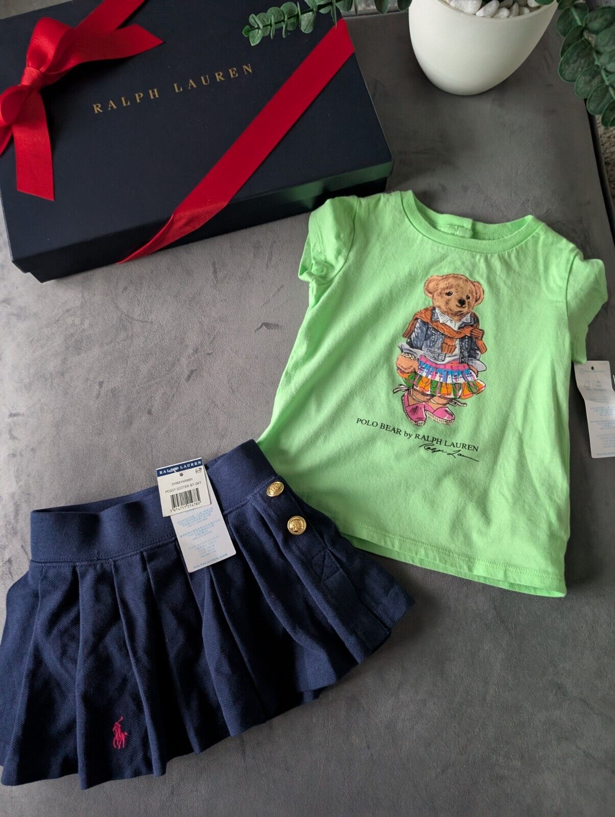 New Ralph Lauren Girls Green Bear T Shirt And Navy Skort Pleated Outfit 12m Gift