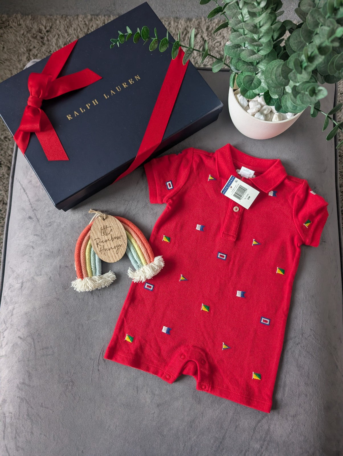 New Ralph Lauren Baby Boy Red Embroidery Flag Romper Gift 3-6m Summer Holidays