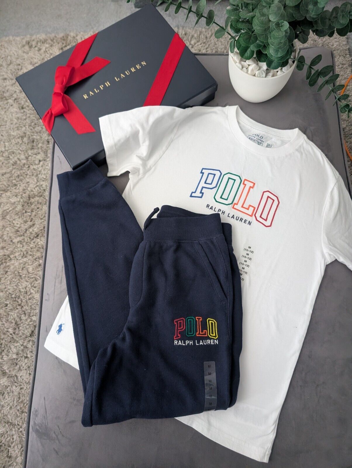 New Ralph Lauren Boys Kids Top + Jogger White Navy Embroided Logo Pony 10yr Gift