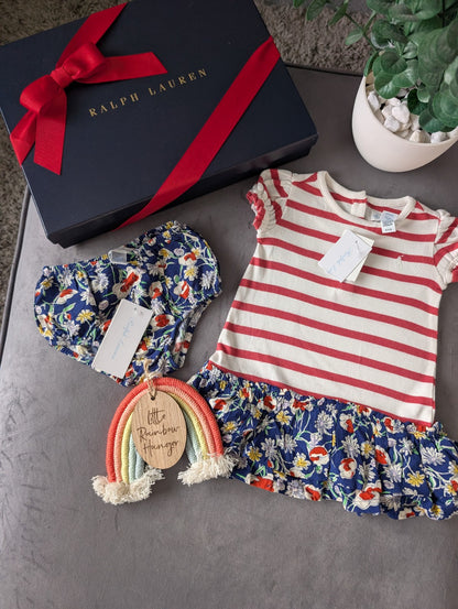 New Ralph Lauren Stripe Floral Baby Girls Frill  Polo Dress 3-6 Months Gift 2pc