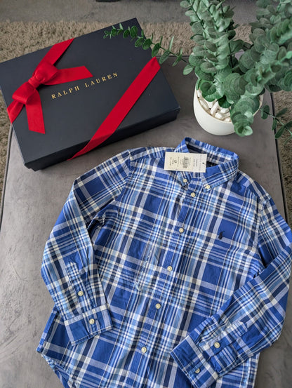 New Ralph Lauren Blue White Check Boys Shirt Smart Occasion Age 7 Yrs Gift