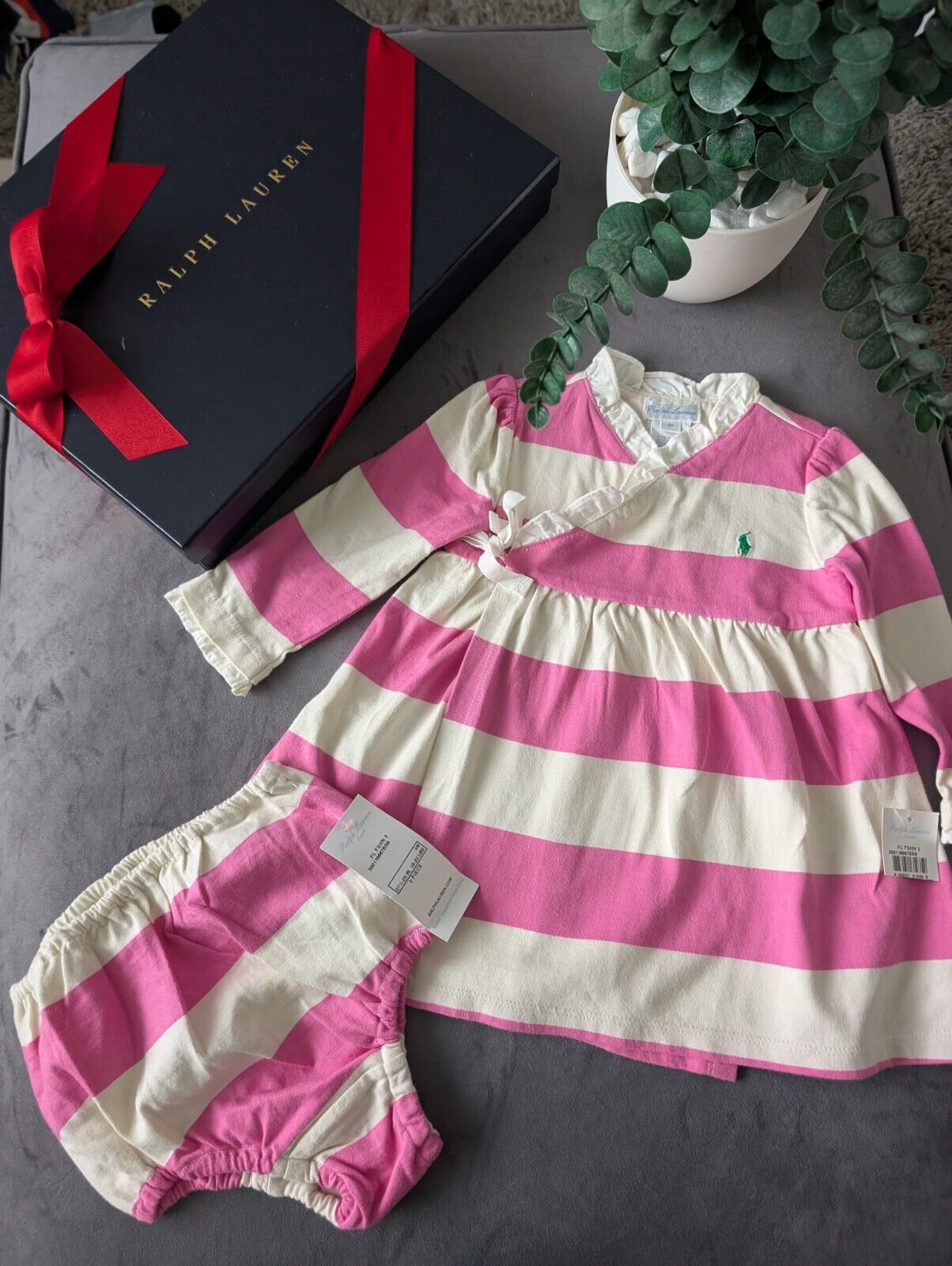 New Stunning Ralph Lauren Baby Girls Pink White Stripe Dress + Bloomer 6-9m Gift