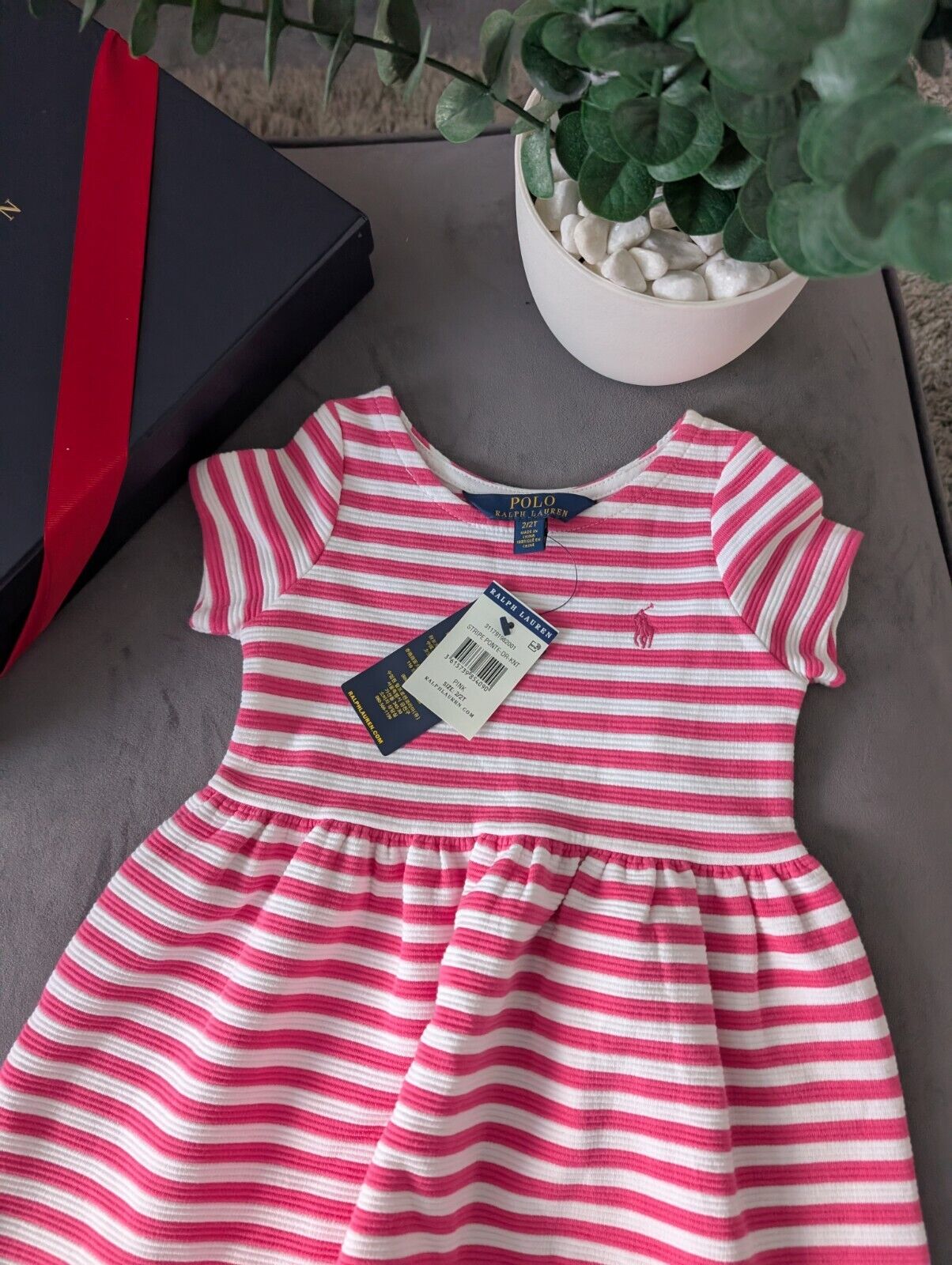 New Stunning Girls Ralph Lauren Pink Ribbed Stripe Dress Occasion Age 2 Gift