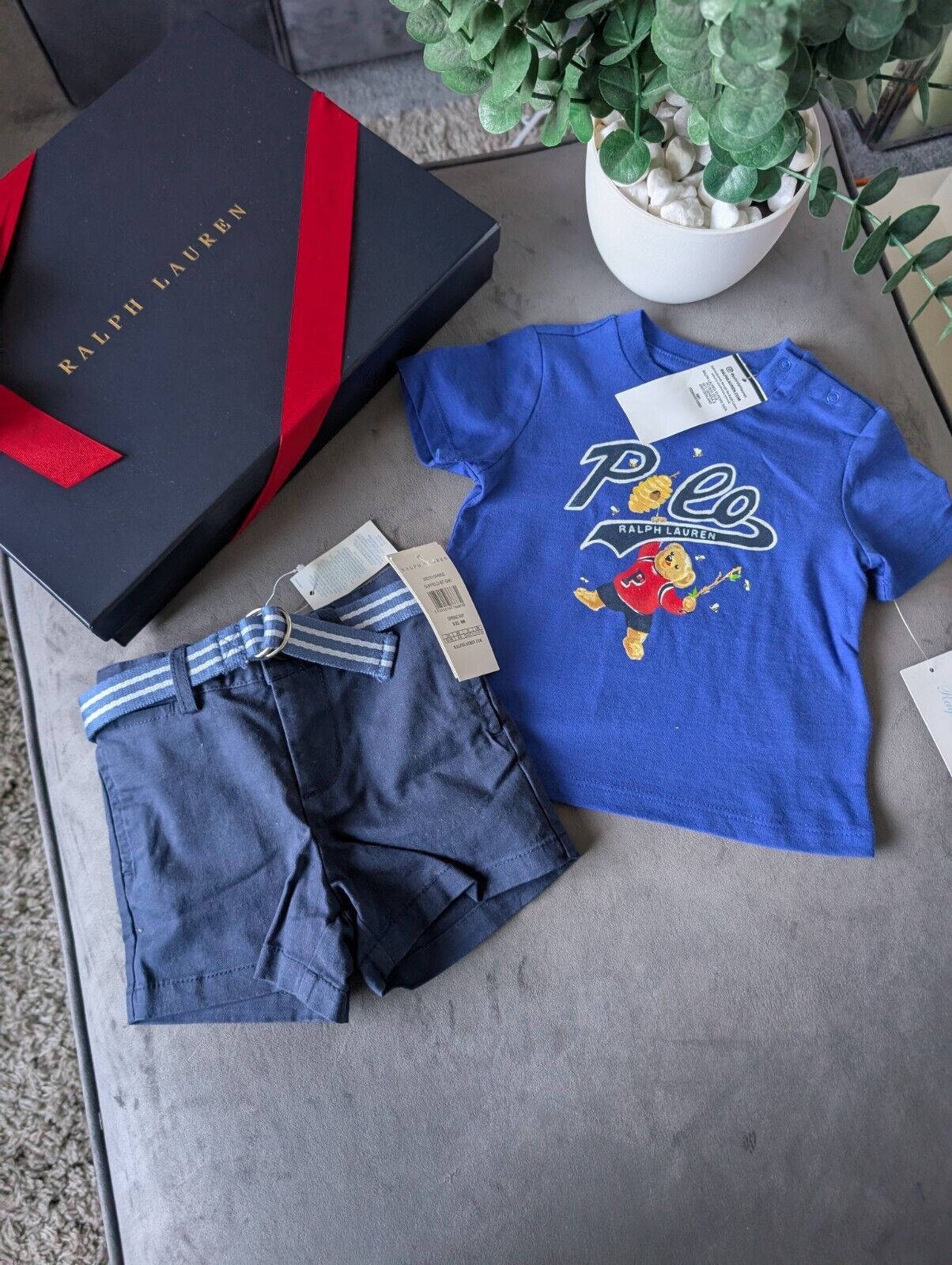 New adorable Ralph Lauren boys Bear Bee t Shirt + navy blue short set 6-9m gift