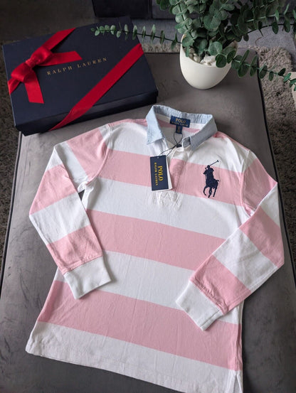 New Ralph Lauren Boys Iconic Pink White Stripe Long Sl Polo Shirt Smart Gift 8y