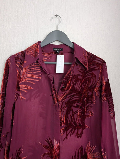 New Karen Millen Feather Devore Woven Shirt BNWT Burgundy Pink Sheer Smart UK 10