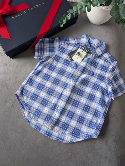 New Ralph Lauren Baby Boy Checked Shirt Smart Occasion Gift Age 18m Blue Short S