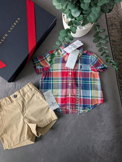 New adorable Ralph Lauren boys Check Shirt + Chino Short Smart Cute 0-3m Gift