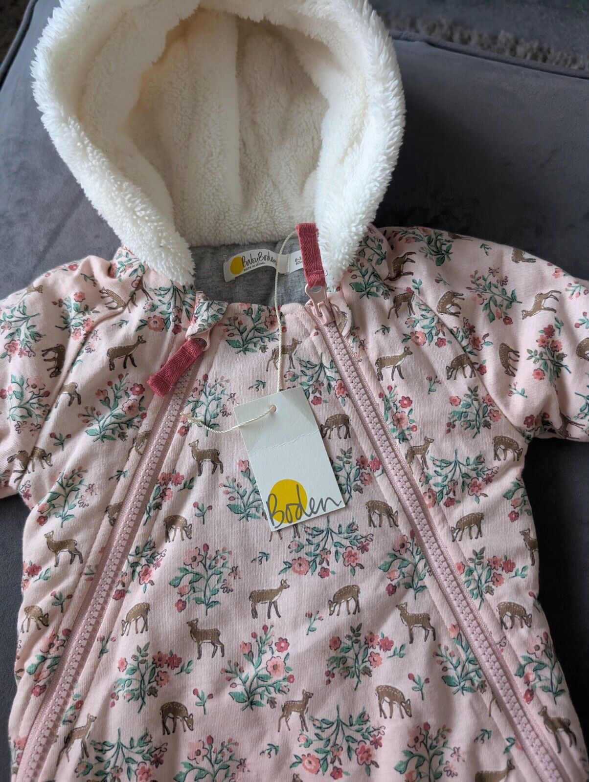 New Boden Baby Girls Snowsuit Sherpa Lined All In One pink Deer 0-3m Gift Cute