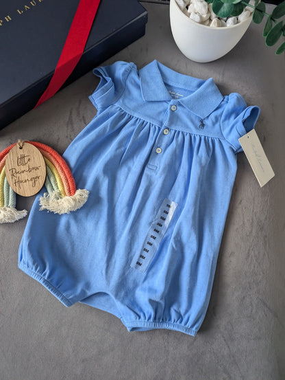 New Ralph Lauren Shortall Unisex Blue Bubble All In One Summer Blue Pony 6-9m